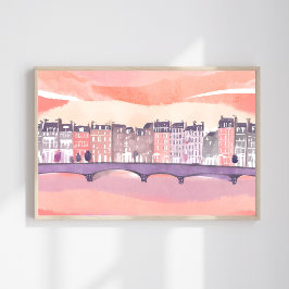 Póster Puesta de sol en pueblo europeo | Acuarela