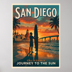 Póster Puesta de sol en San Diego California Surf Viaje