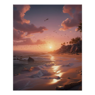 Póster puesta de sol en una playa tropical