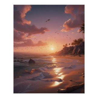 Póster puesta de sol en una playa tropical