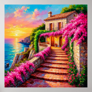 Póster Puesta de sol escénica sobre villa costera