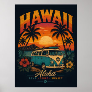 Póster Puesta de sol hawaiana vintage palmeras tabla de s