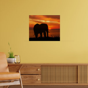 Póster Puesta de sol hermosa con silueta de elefante
