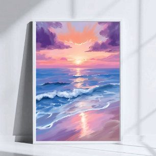 Póster Puesta de sol lavanda playa océano acuarela púrpur