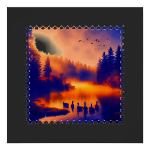 Póster Puesta de sol naranja colorida con patos en un est