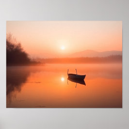 Póster Puesta de sol naranja con barco de pesca