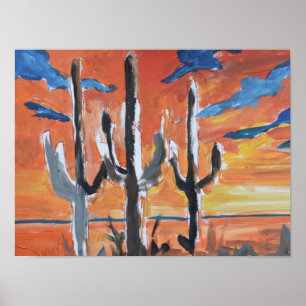 Póster Puesta de sol neoexpresionista del saguaro del des