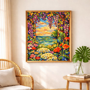 Póster puesta de sol oceánica floral vibrante