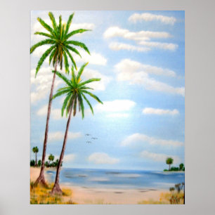 Póster puesta de sol, playa, faro, palmera, tropical, océ