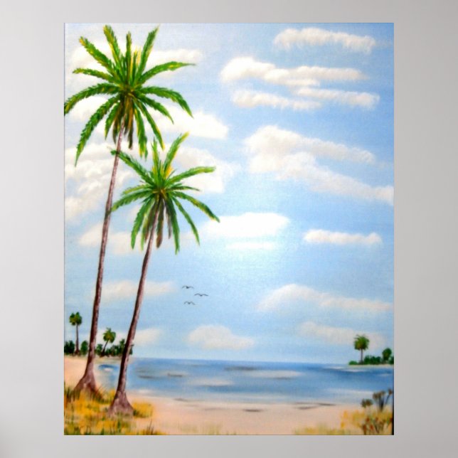 Póster puesta de sol, playa, faro, palmera, tropical, océ (Frente)