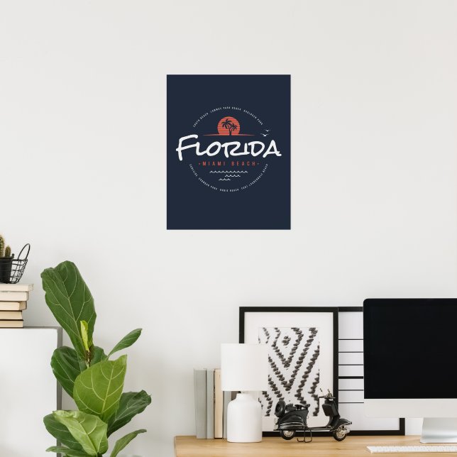 Póster Puesta de sol retro de la playa de Miami Florida P (Oficina en casa)