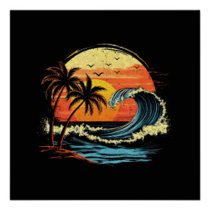 Póster Puesta de sol retro tropical vintage playa palma p