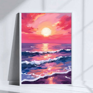 Póster Puesta de sol rosa olas del océano púrpura acuarel