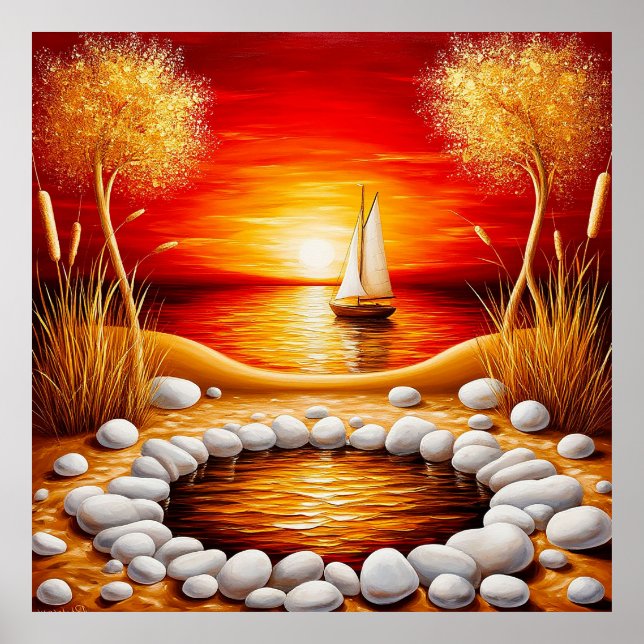 Póster Puesta de sol serena sobre un lago con velero (Frente)