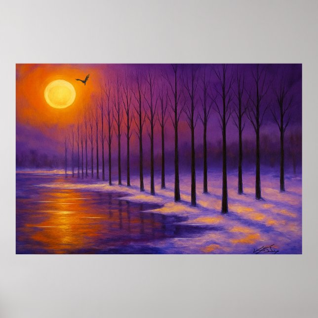 Póster Puesta de sol sobre el bosque helado (Frente)