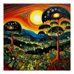 Póster Puesta de sol sobre el paisaje forestal