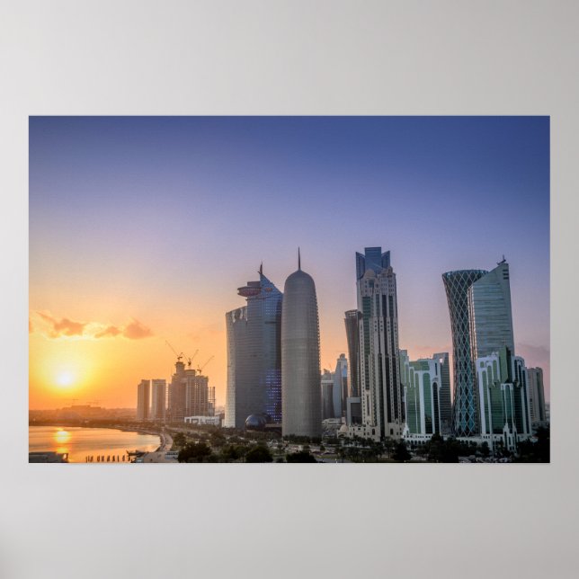 Póster Puesta de sol sobre la ciudad de Doha, Qatar (Frente)