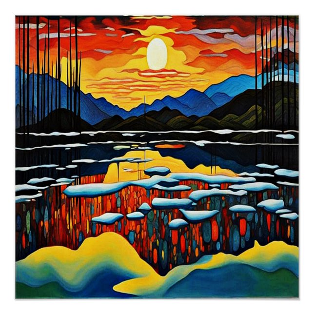 Póster Puesta de sol sobre lago helado 2 (Anverso)