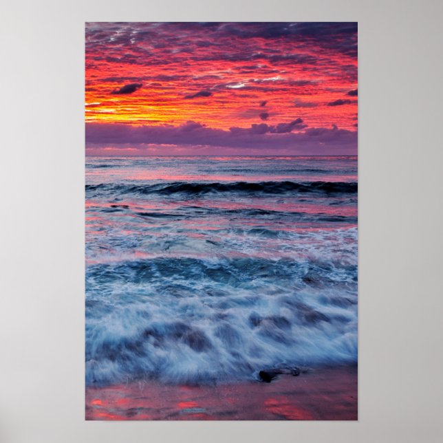 Póster Puesta de sol sobre las olas del océano, Californi (Frente)