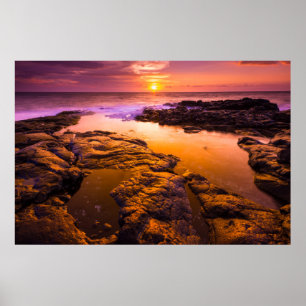 Póster Puesta de sol sobre pozas de marea, Hawái
