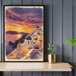 Póster Puesta de sol sobre Santorini – Retro Grecia litor