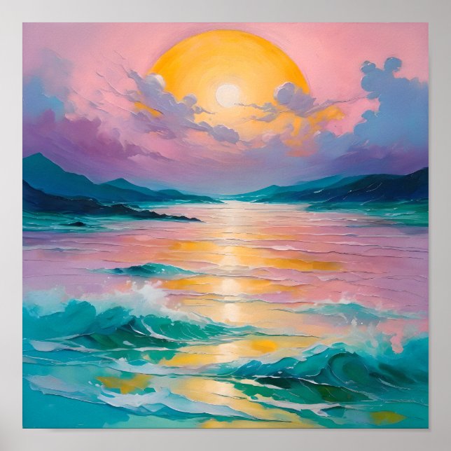 Póster Puesta de sol soñadora sobre las olas del océano – (Frente)