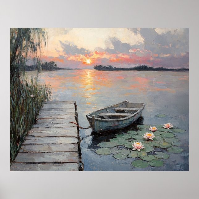 Póster Puesta de sol tranquila sobre una barca en un lago (Frente)