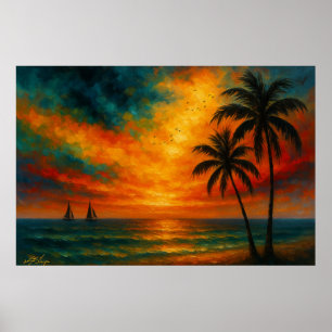 Póster Puesta de sol tropical con veleros