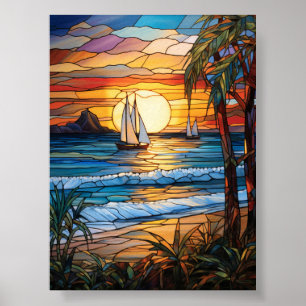 Póster Puesta de sol tropical con veleros y olas del océa
