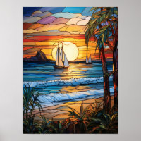 Puesta de sol tropical con veleros y olas del océa