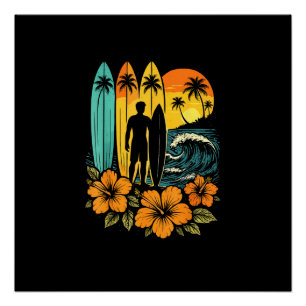 Póster Puesta de sol tropical en la playa de surf retro