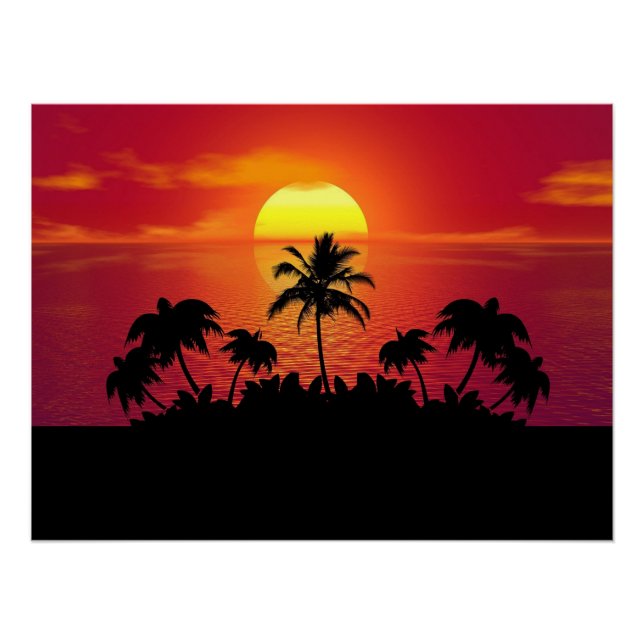 Póster Puesta de sol tropical palmeras silueta playa (Anverso)