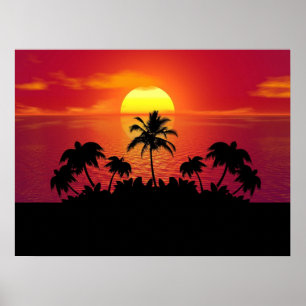 Póster Puesta de sol tropical palmeras silueta playa