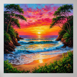 Póster Puesta de sol vibrante sobre la costa del océano