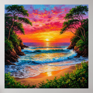 Póster Puesta de sol vibrante sobre la costa del océano