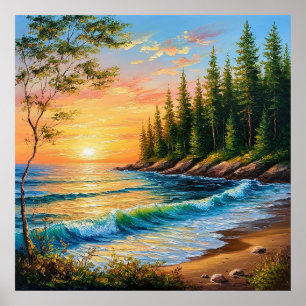 Póster Puesta de sol vibrante sobre las olas del océano