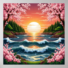 Póster Puesta de sol vibrante sobre las olas del océano