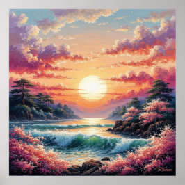 Póster Puesta de sol vibrante sobre las olas del océano