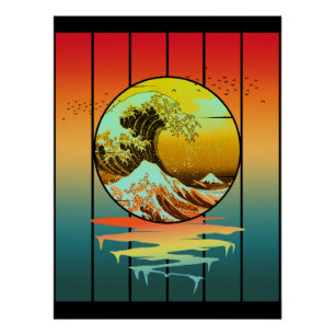 Póster Puesta de sol vintage ola japonesa de Kanagawa océ