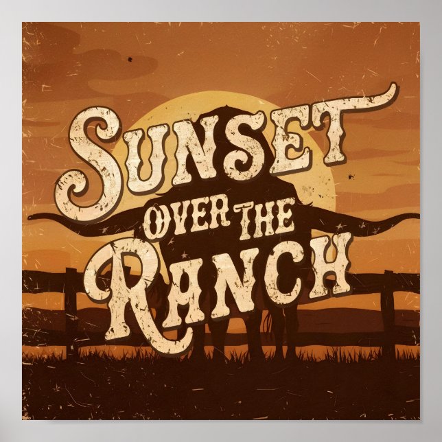 Póster Puesta de sol vintage sobre el rancho (Frente)
