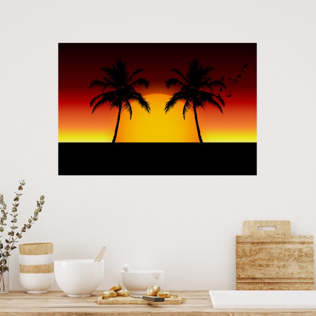 Póster Puesta del sol tropical con las palmeras (Cocina)