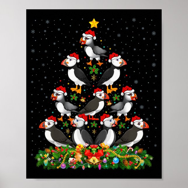 Póster Puffin Bird Xmas Tree Gift Santa Hat Puffin Christ (Frente)