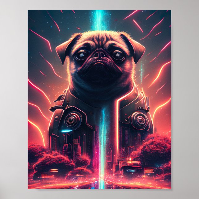 Póster Pug Adorable en traje futurista de robots (Frente)