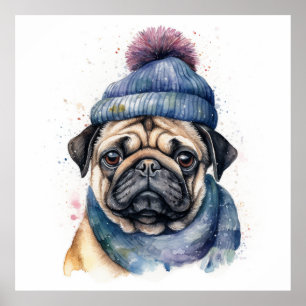 Póster Pug adorable que lleva gorro y bufanda