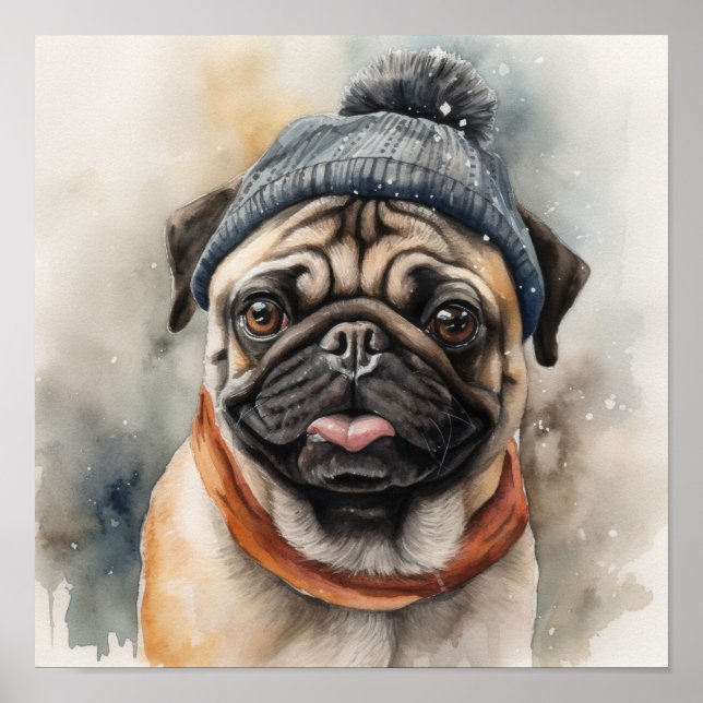 Póster Pug adorable que lleva un gorro bonito (Frente)