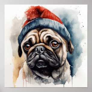 Póster Pug adorable que lleva un sombrero de invierno lin