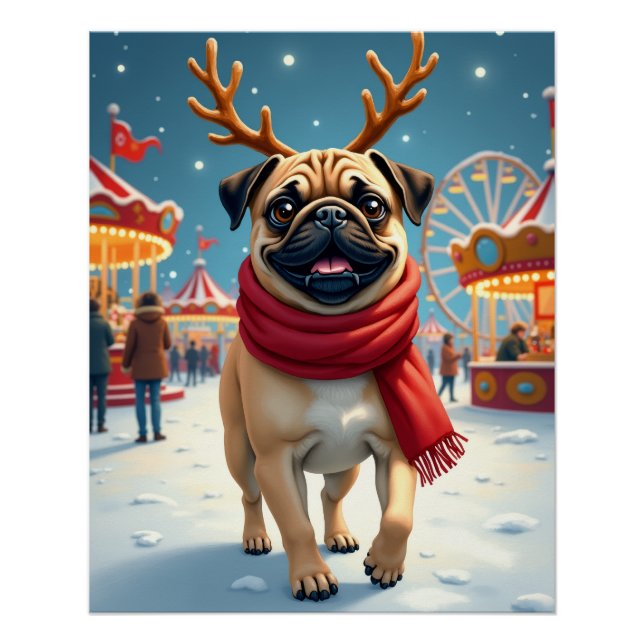 Póster Pug at the Winter Fairgrounds Christmas Painting (Anverso)
