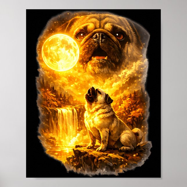 Póster Pug aullando a la luna épico bosque fantasía  (Frente)