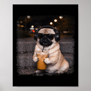 Póster Pug bebiendo café helado amante del humor divertid