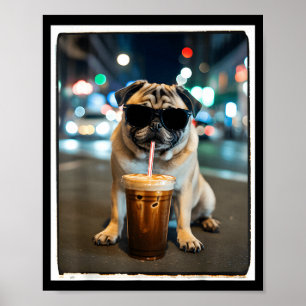 Póster Pug bebiendo café helado animal perro meme 